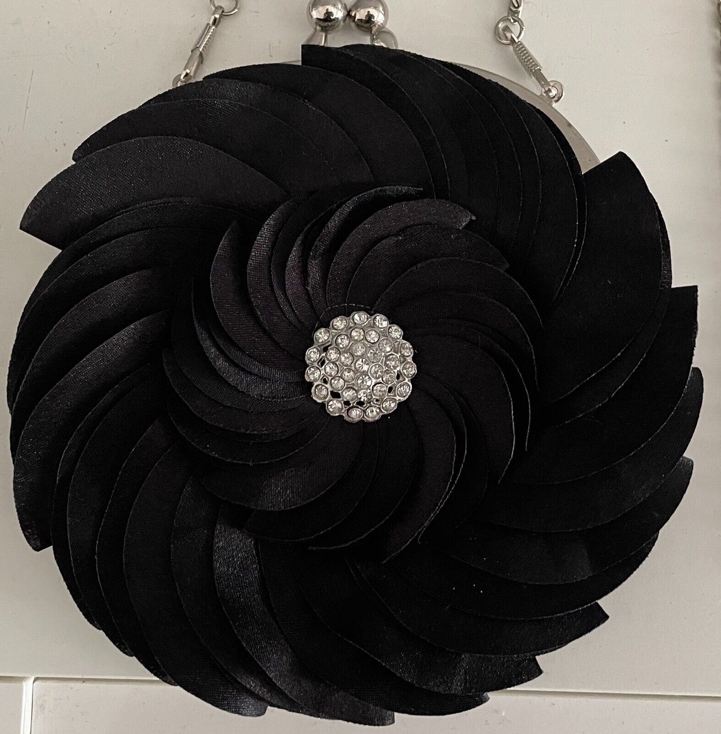 Evening Shoulder Bag Black Round Overlapping Clutch Crystal Brooch Embellishment