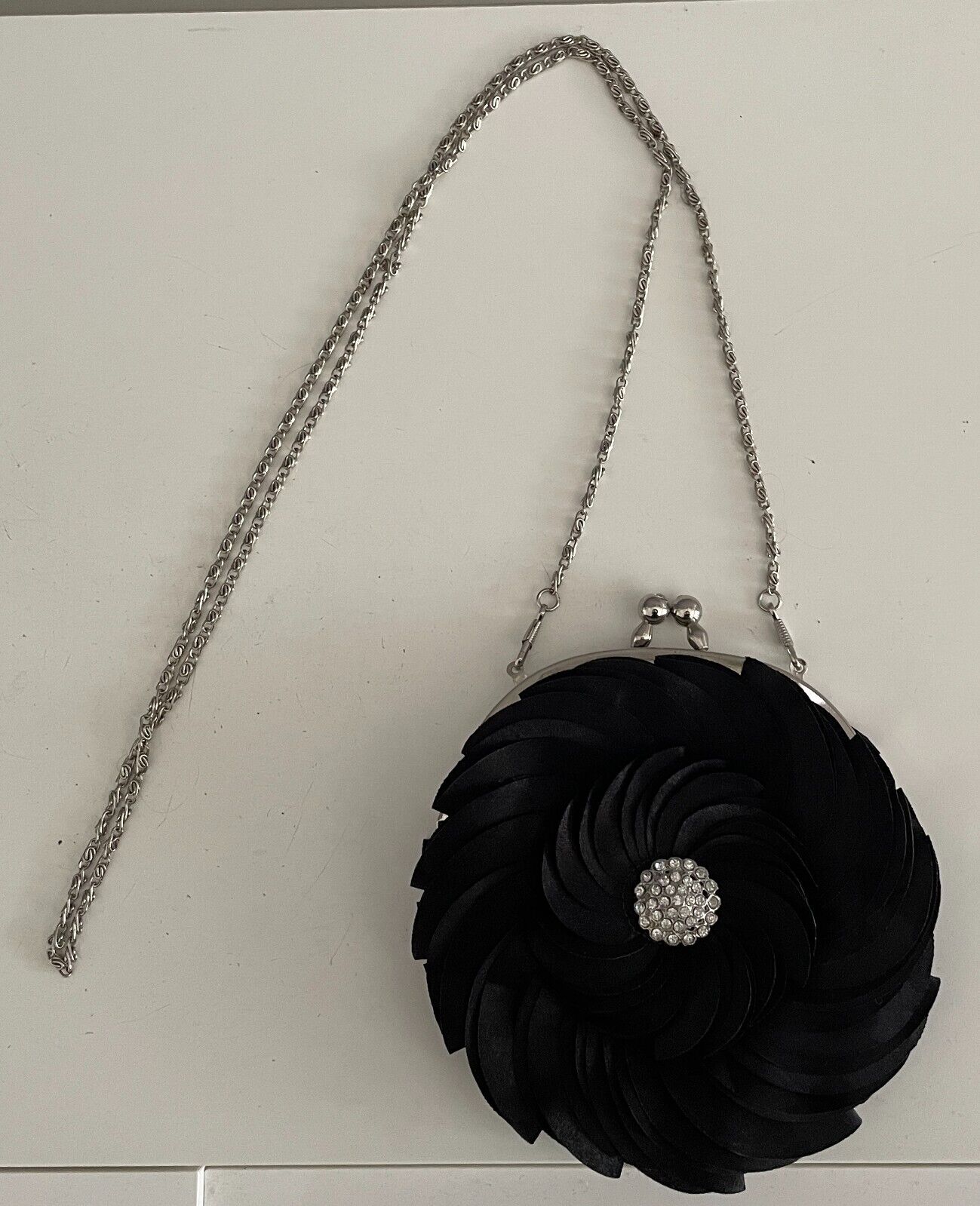 Evening Shoulder Bag Black Round Overlapping Clutch Crystal Brooch Embellishment