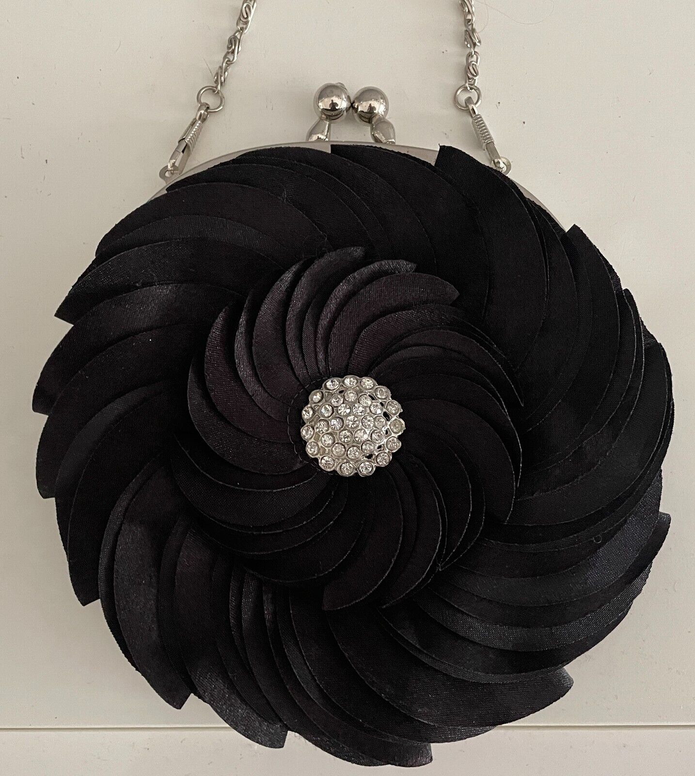 Evening Shoulder Bag Black Round Overlapping Clutch Crystal Brooch Embellishment