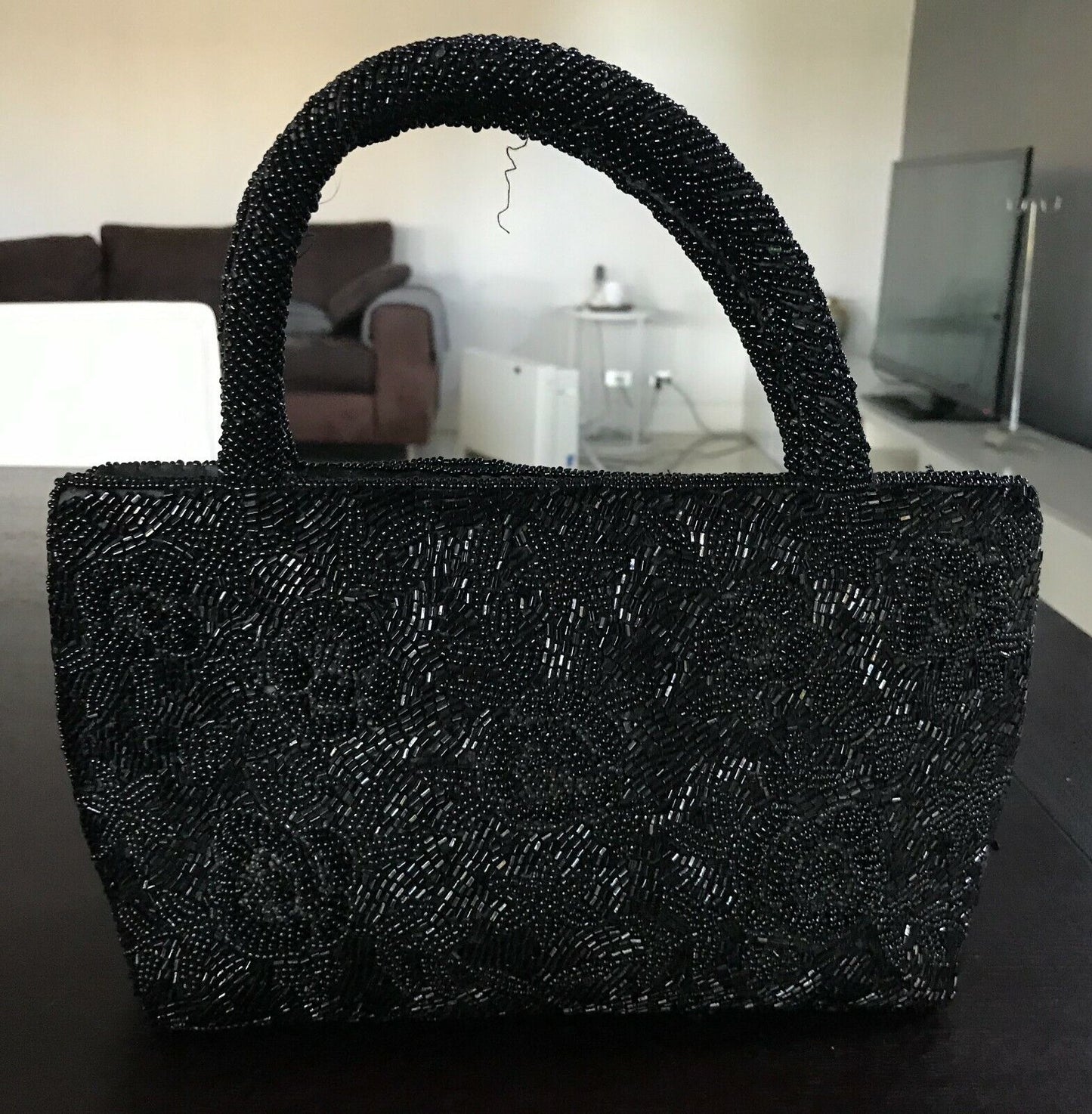 Evening Bag Black Handbag Beaded Floral Pattern Clutch lined zip top Vintage