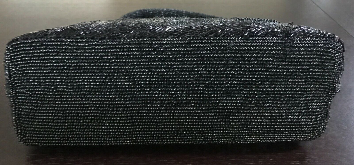 Evening Bag Black Handbag Beaded Floral Pattern Clutch lined zip top Vintage