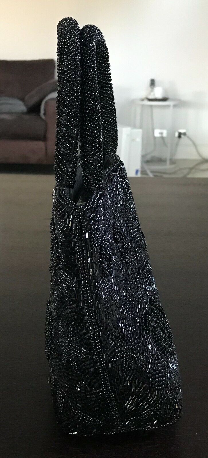 Evening Bag Black Handbag Beaded Floral Pattern Clutch lined zip top Vintage