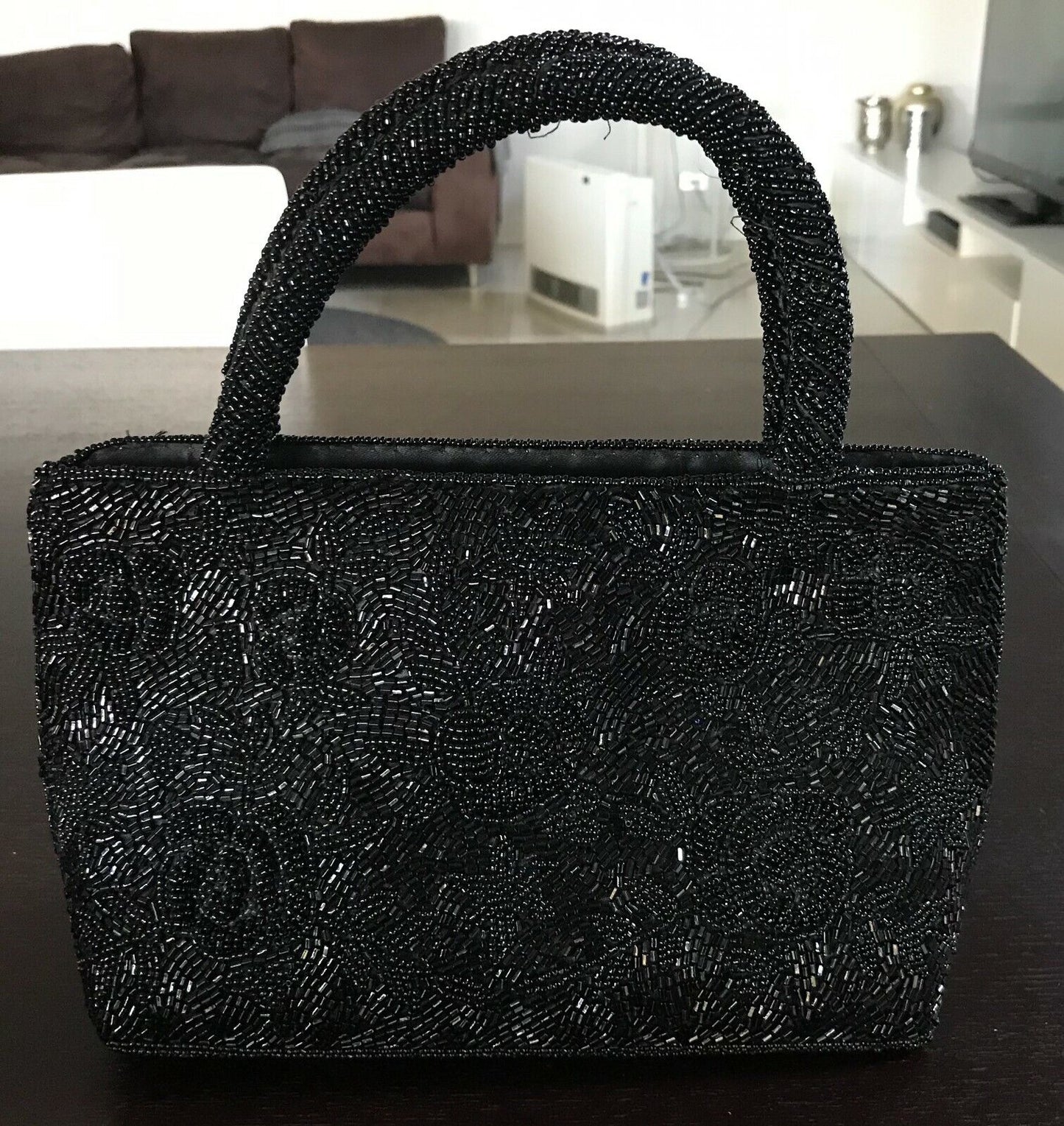 Evening Bag Black Handbag Beaded Floral Pattern Clutch lined zip top Vintage