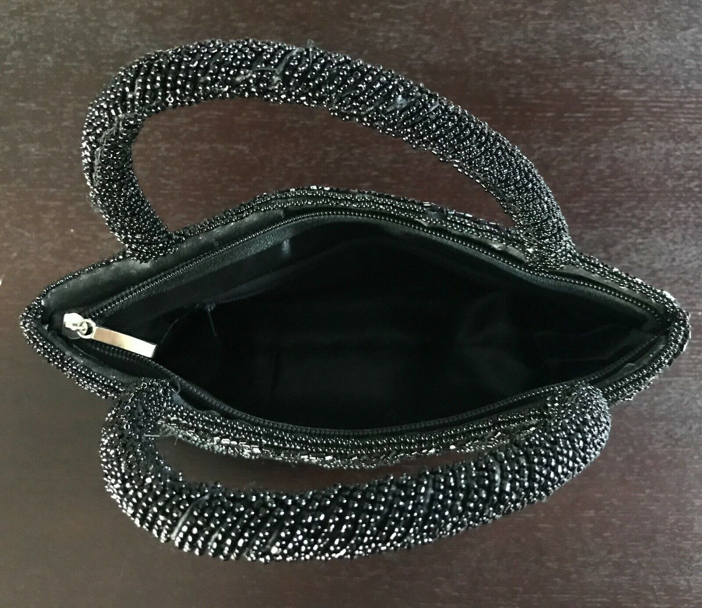Evening Bag Black Handbag Beaded Floral Pattern Clutch lined zip top Vintage