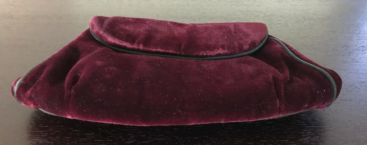 Velvet Clutch Evening Bag Burgundy SHOULDER Strap Black Piping Trim Handbag