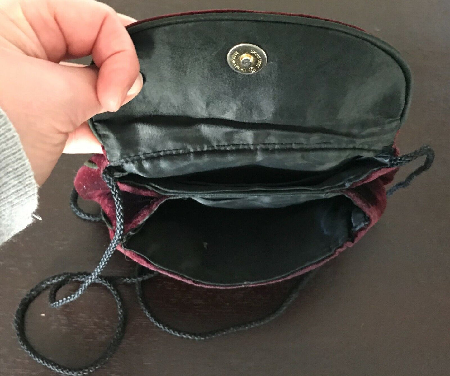 Velvet Clutch Evening Bag Burgundy SHOULDER Strap Black Piping Trim Handbag