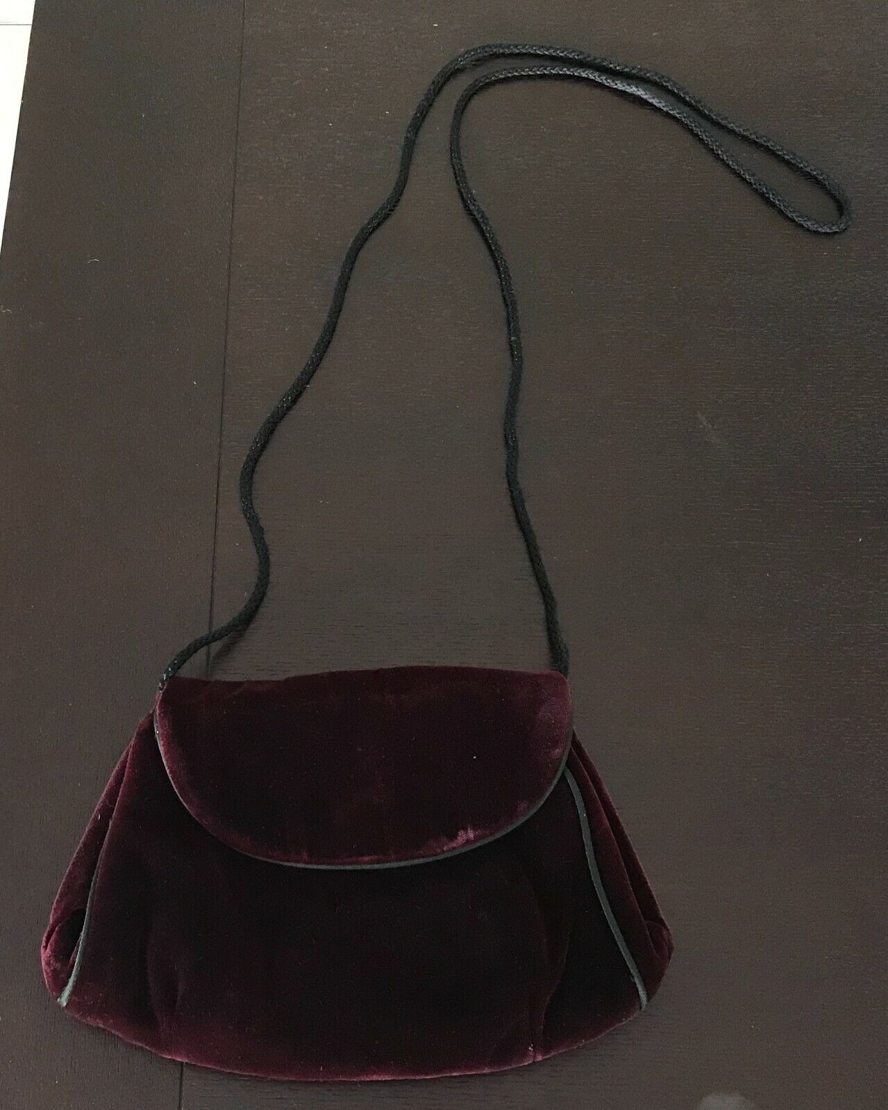 Velvet Clutch Evening Bag Burgundy SHOULDER Strap Black Piping Trim Handbag