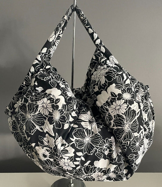 Handmade CLUTCH BAG Black & White Floral Print Fabric Large Size Thick Lining