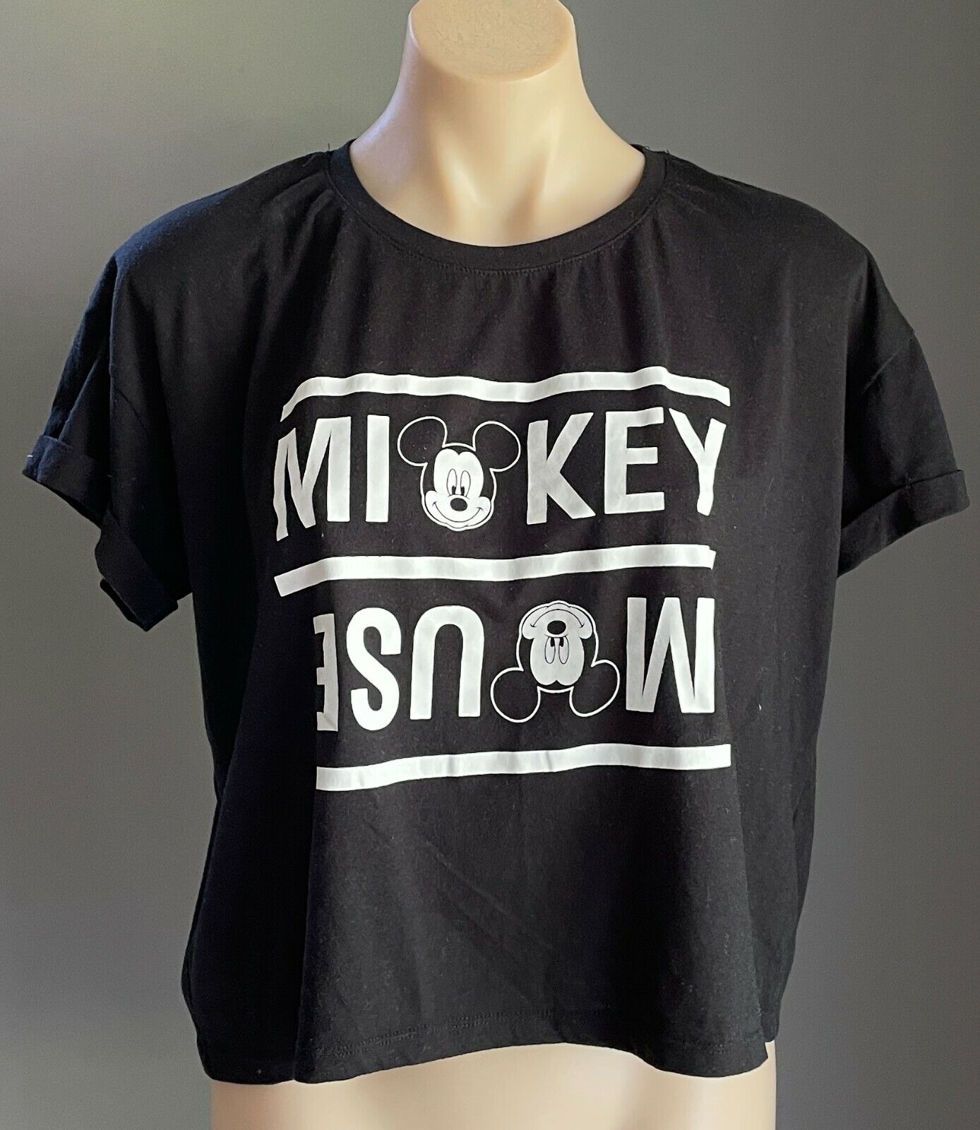 DISNEY Mickey Mouse T Shirt Black & White Print Crop Short Sleeve Top Tee Sz XL