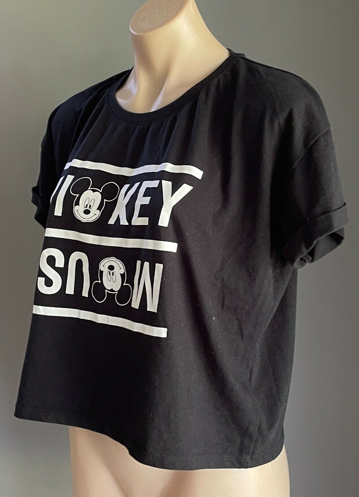 DISNEY Mickey Mouse T Shirt Black & White Print Crop Short Sleeve Top Tee Sz XL