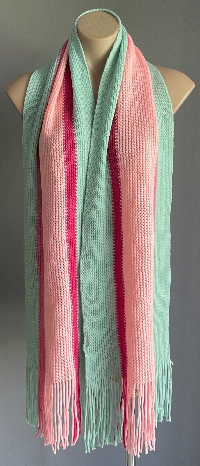 Neck SCARF Mint Green & Shades of Pink Chunky Acrylic Knit Rectangle Fringed