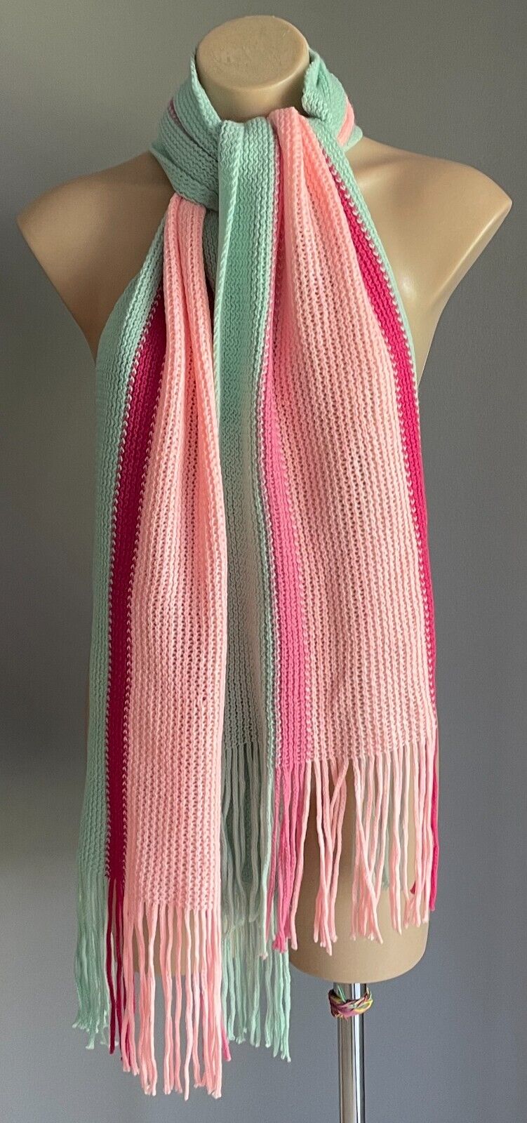 Neck SCARF Mint Green & Shades of Pink Chunky Acrylic Knit Rectangle Fringed