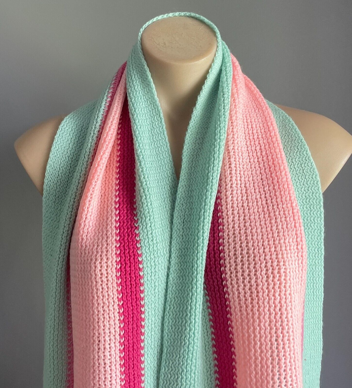 Neck SCARF Mint Green & Shades of Pink Chunky Acrylic Knit Rectangle Fringed