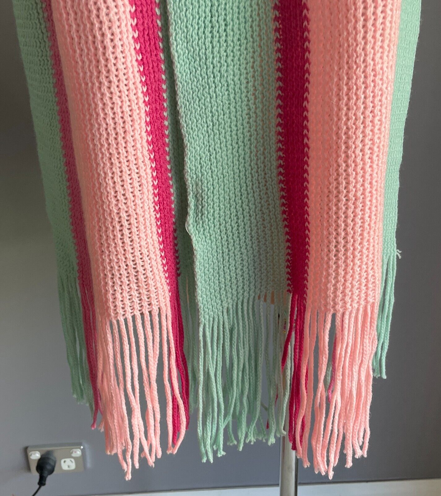 Neck SCARF Mint Green & Shades of Pink Chunky Acrylic Knit Rectangle Fringed
