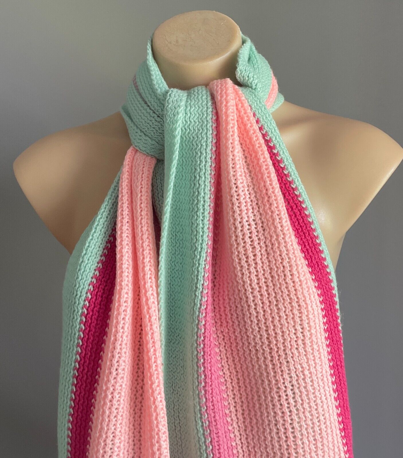 Neck SCARF Mint Green & Shades of Pink Chunky Acrylic Knit Rectangle Fringed