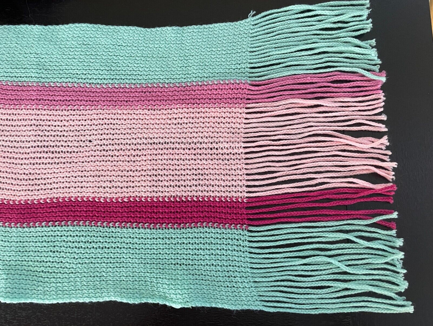 Neck SCARF Mint Green & Shades of Pink Chunky Acrylic Knit Rectangle Fringed