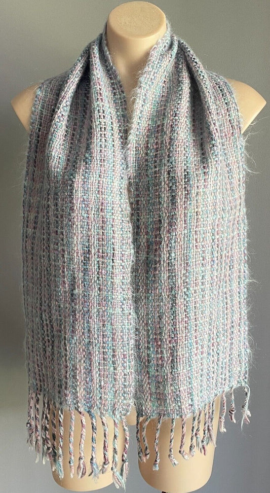 Neck SCARF Vintage Mohair Knit Fringed Pastel Blue Green Pink Purple Rectangle