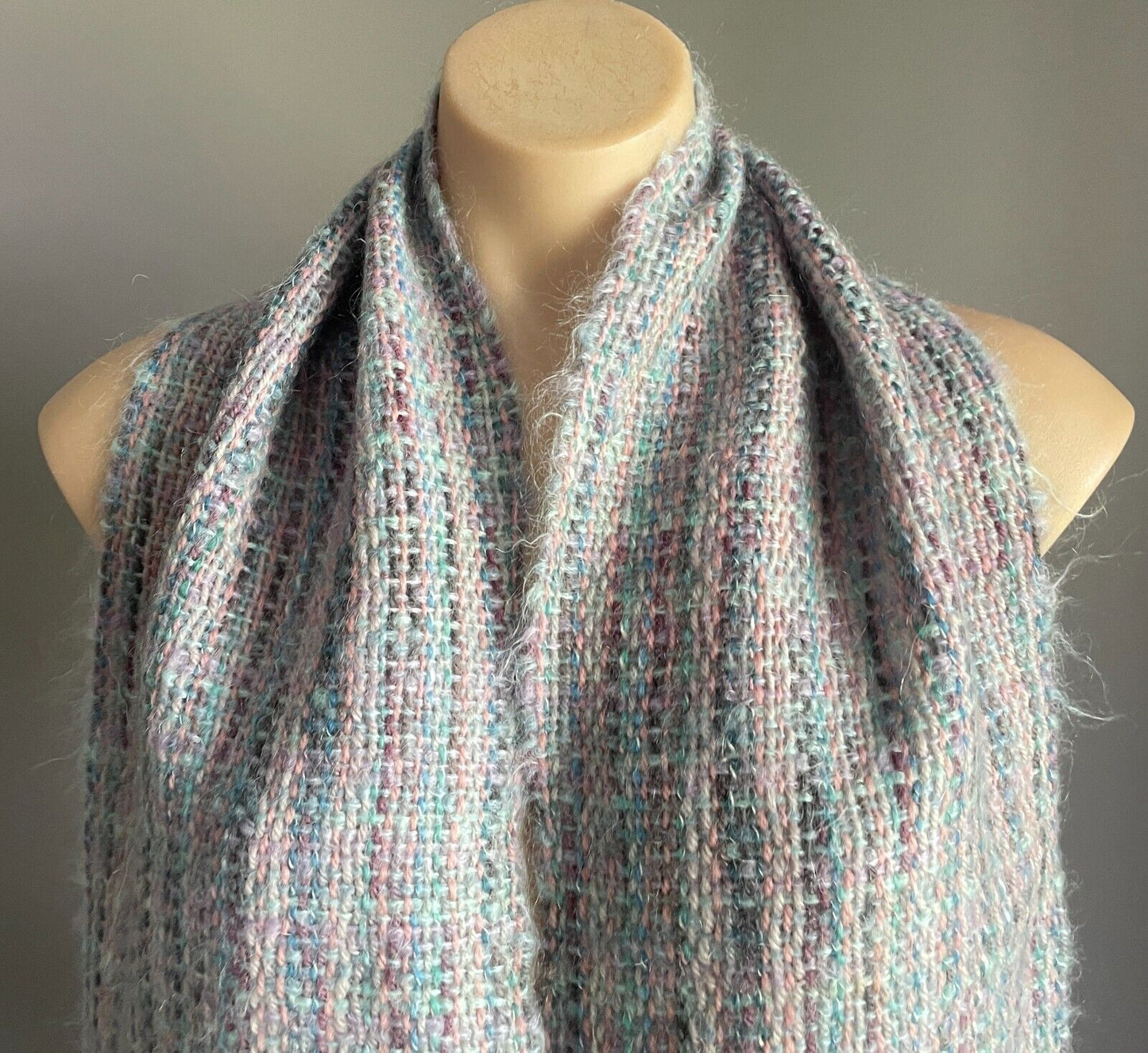 Neck SCARF Vintage Mohair Knit Fringed Pastel Blue Green Pink Purple Rectangle