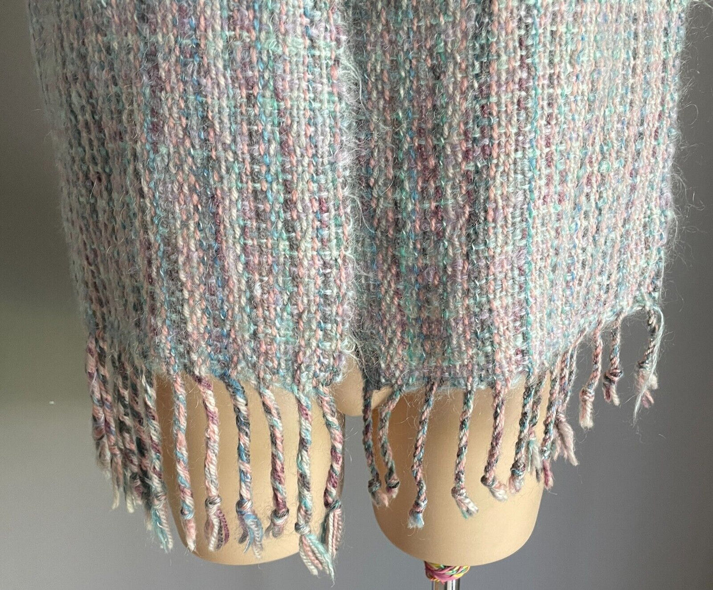 Neck SCARF Vintage Mohair Knit Fringed Pastel Blue Green Pink Purple Rectangle