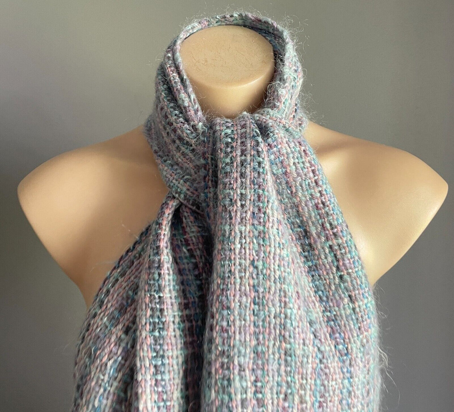 Neck SCARF Vintage Mohair Knit Fringed Pastel Blue Green Pink Purple Rectangle