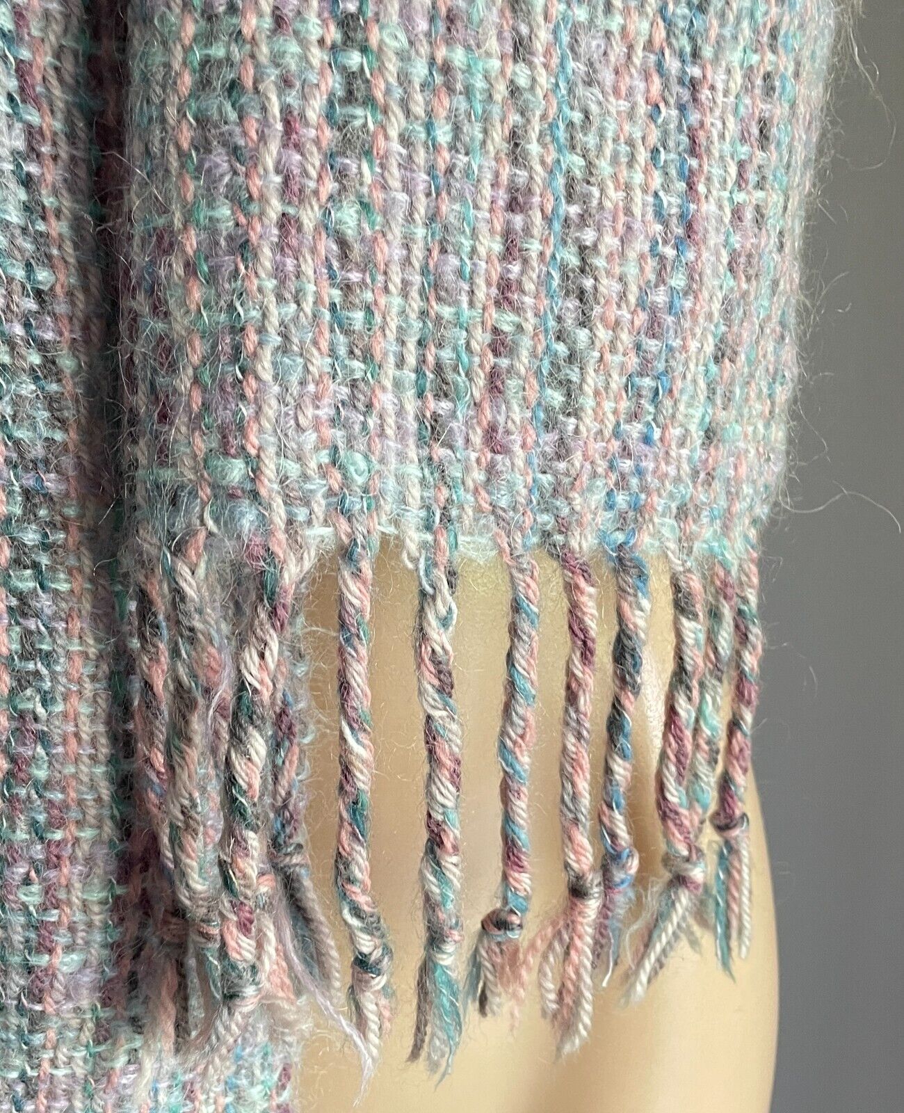 Neck SCARF Vintage Mohair Knit Fringed Pastel Blue Green Pink Purple Rectangle