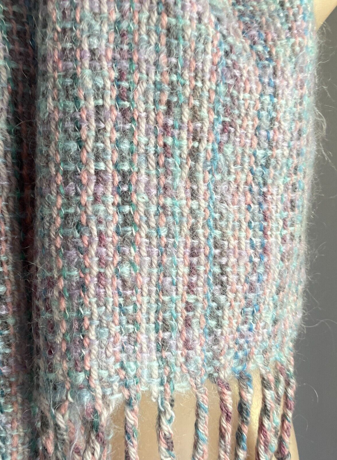 Neck SCARF Vintage Mohair Knit Fringed Pastel Blue Green Pink Purple Rectangle