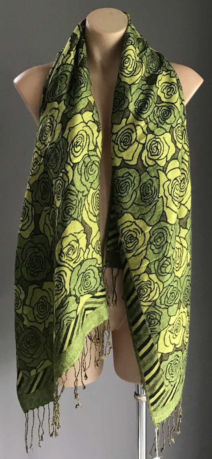Neck SCARF Fringed Trim Green Brown & Black Floral Print Wrap