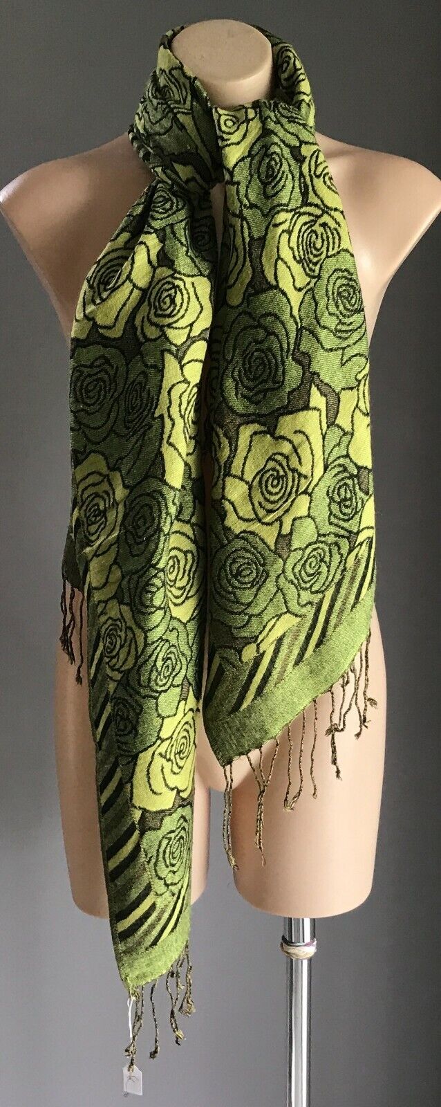 Neck SCARF Fringed Trim Green Brown & Black Floral Print Wrap
