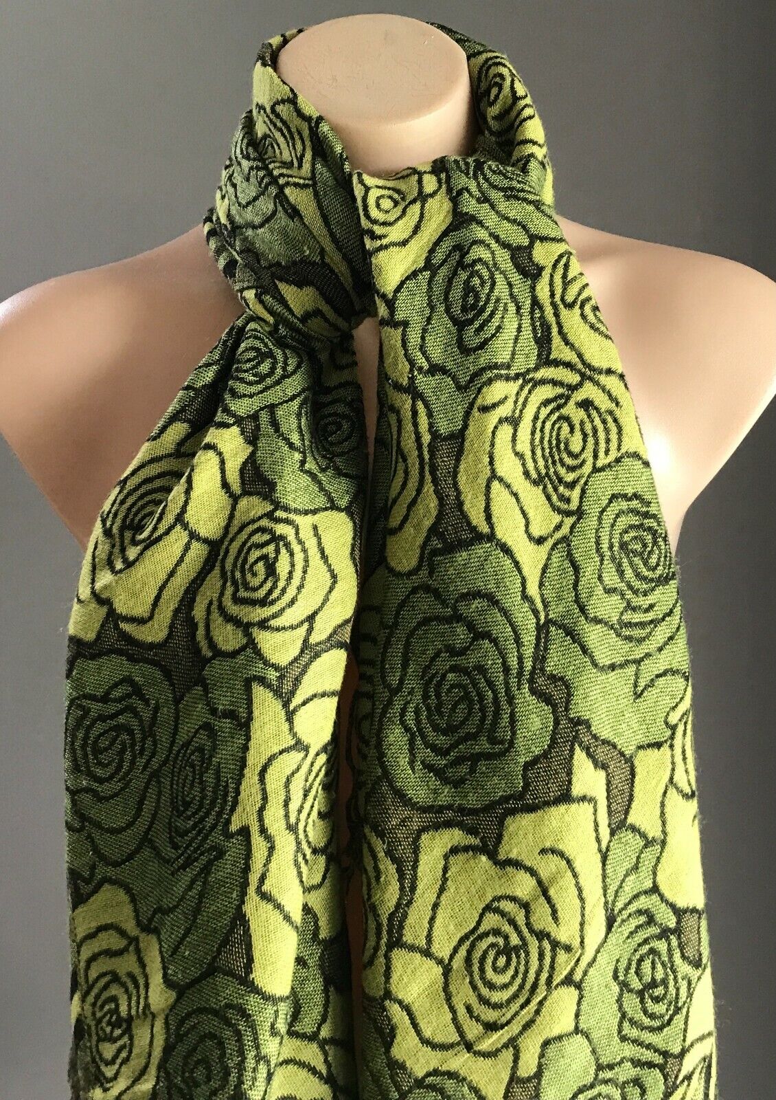 Neck SCARF Fringed Trim Green Brown & Black Floral Print Wrap