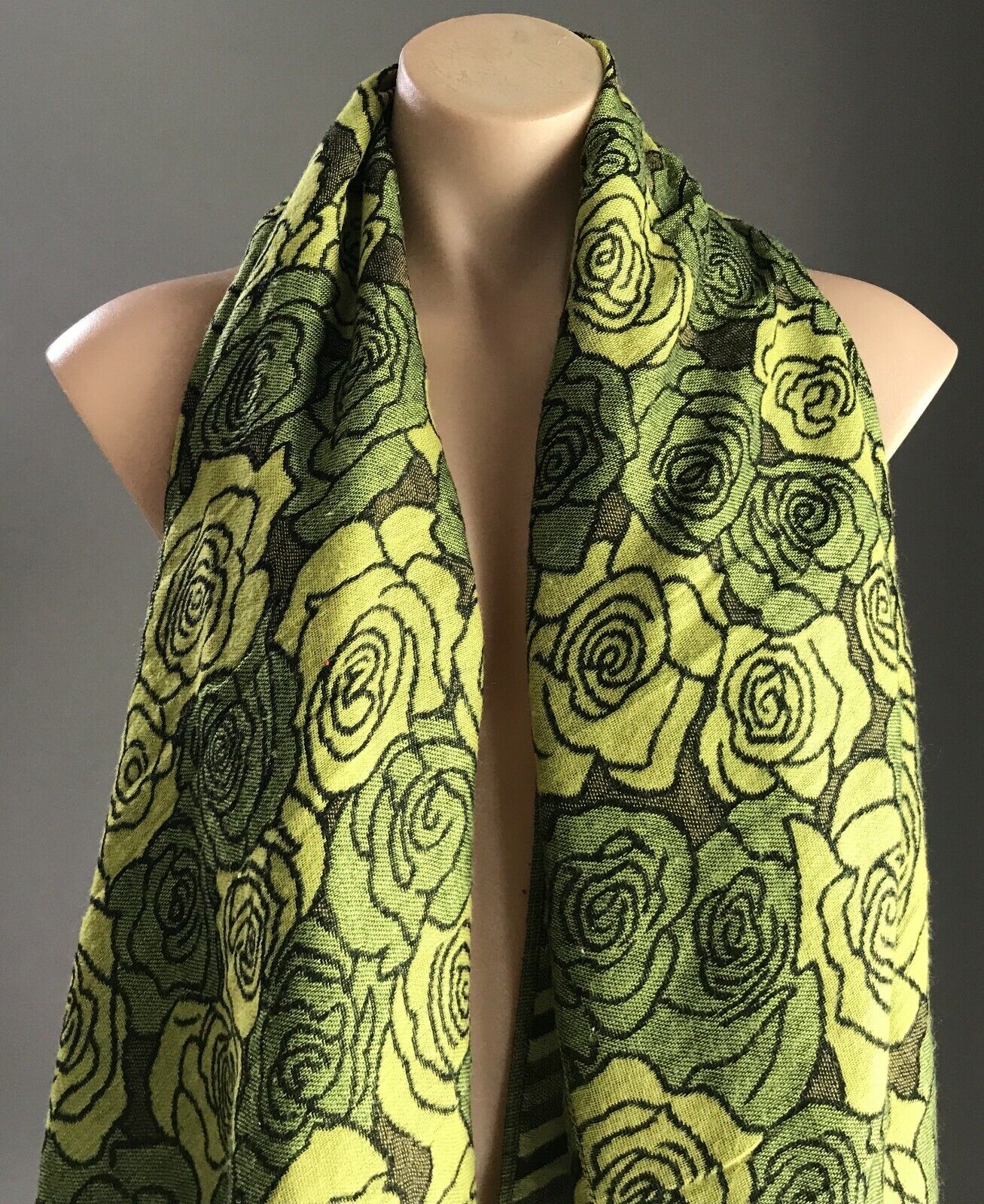 Neck SCARF Fringed Trim Green Brown & Black Floral Print Wrap