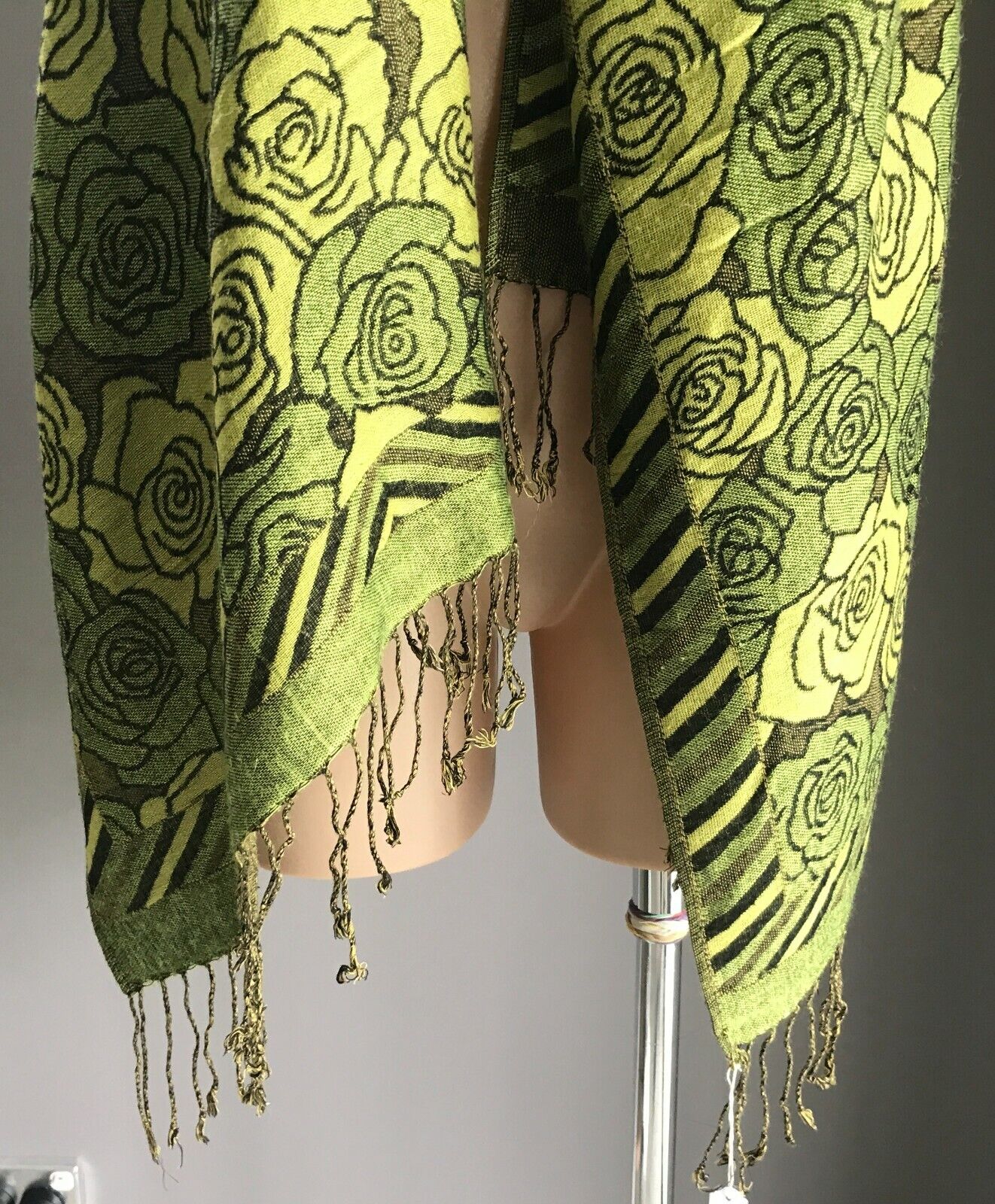 Neck SCARF Fringed Trim Green Brown & Black Floral Print Wrap