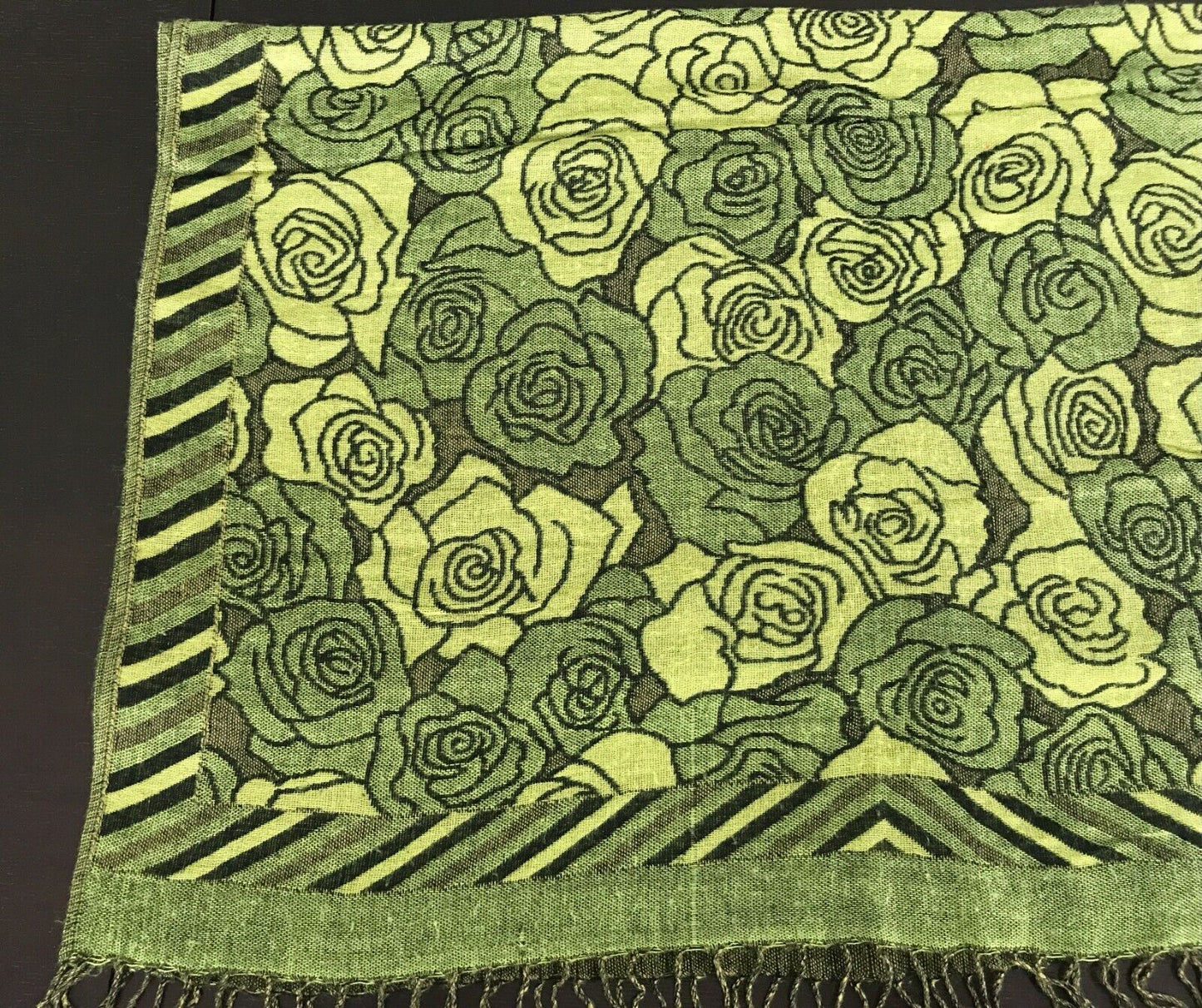 Neck SCARF Fringed Trim Green Brown & Black Floral Print Wrap