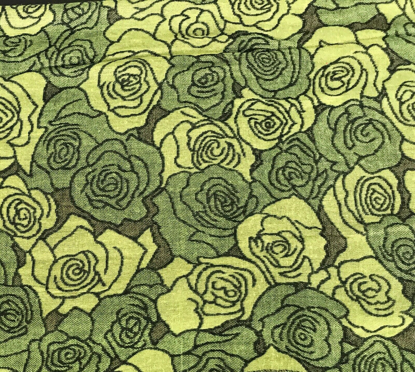Neck SCARF Fringed Trim Green Brown & Black Floral Print Wrap