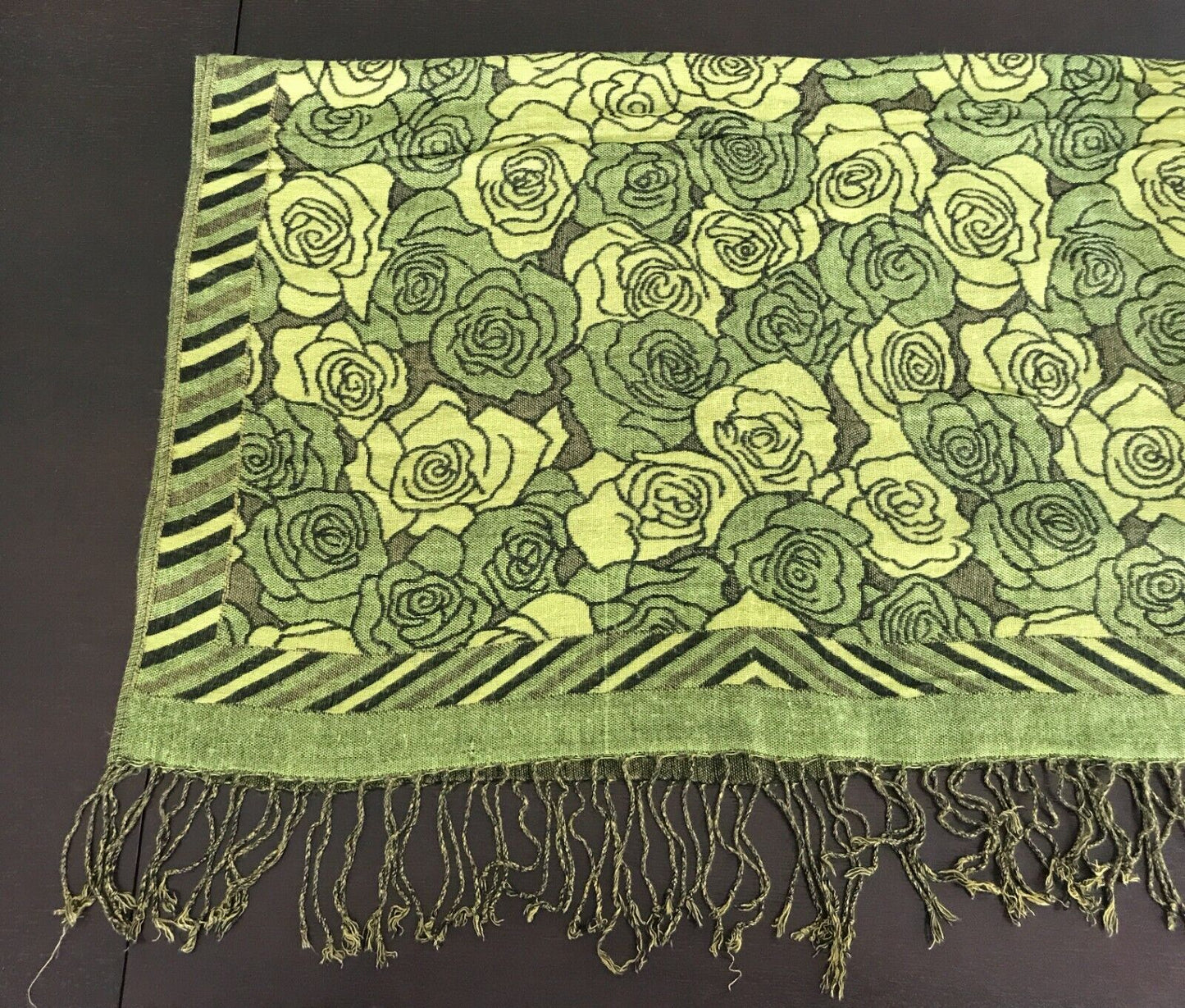 Neck SCARF Fringed Trim Green Brown & Black Floral Print Wrap