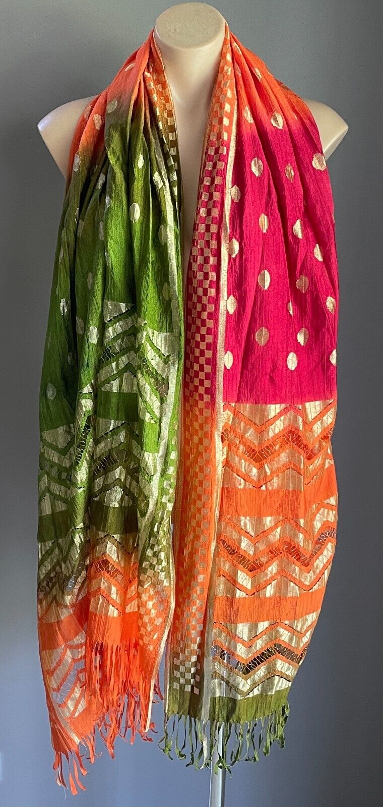 Neck SCARF Fringed Orange Cerise Khaki Gold Zig Zag Polka Dot Rectangle Stunning