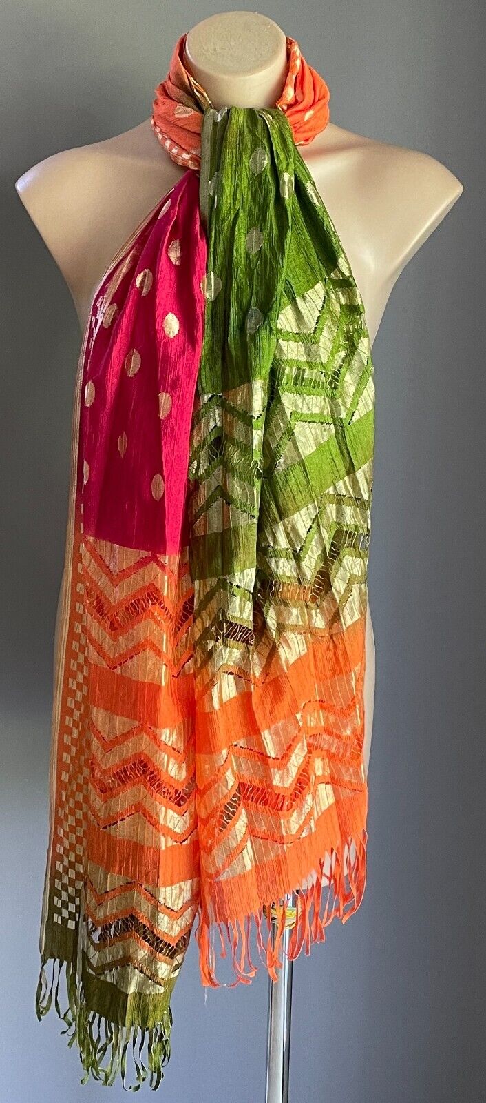 Neck SCARF Fringed Orange Cerise Khaki Gold Zig Zag Polka Dot Rectangle Stunning