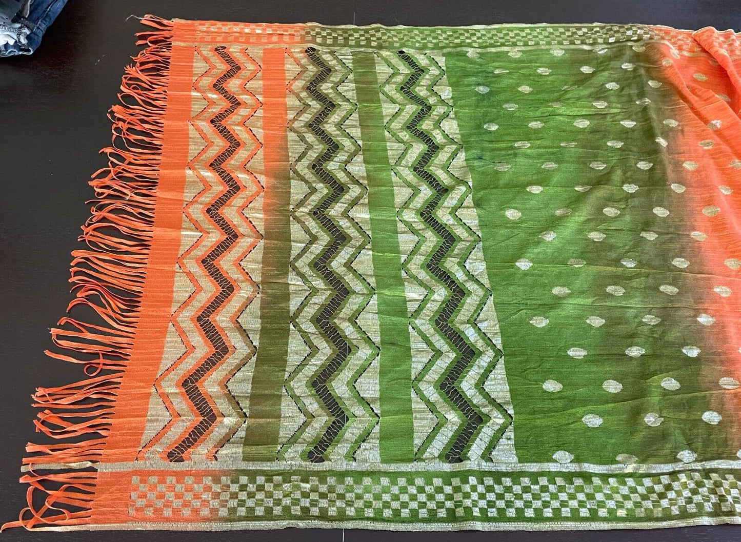 Neck SCARF Fringed Orange Cerise Khaki Gold Zig Zag Polka Dot Rectangle Stunning