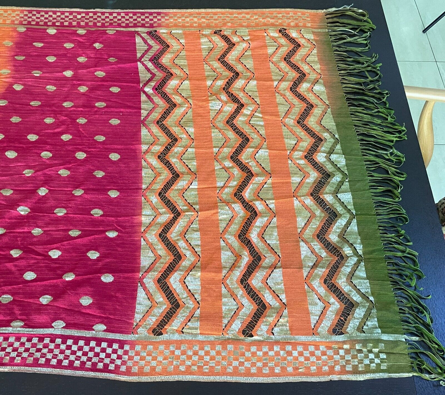 Neck SCARF Fringed Orange Cerise Khaki Gold Zig Zag Polka Dot Rectangle Stunning