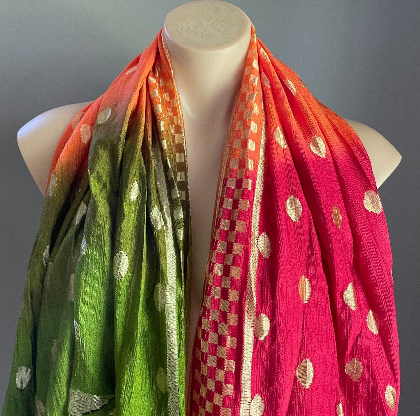 Neck SCARF Fringed Orange Cerise Khaki Gold Zig Zag Polka Dot Rectangle Stunning
