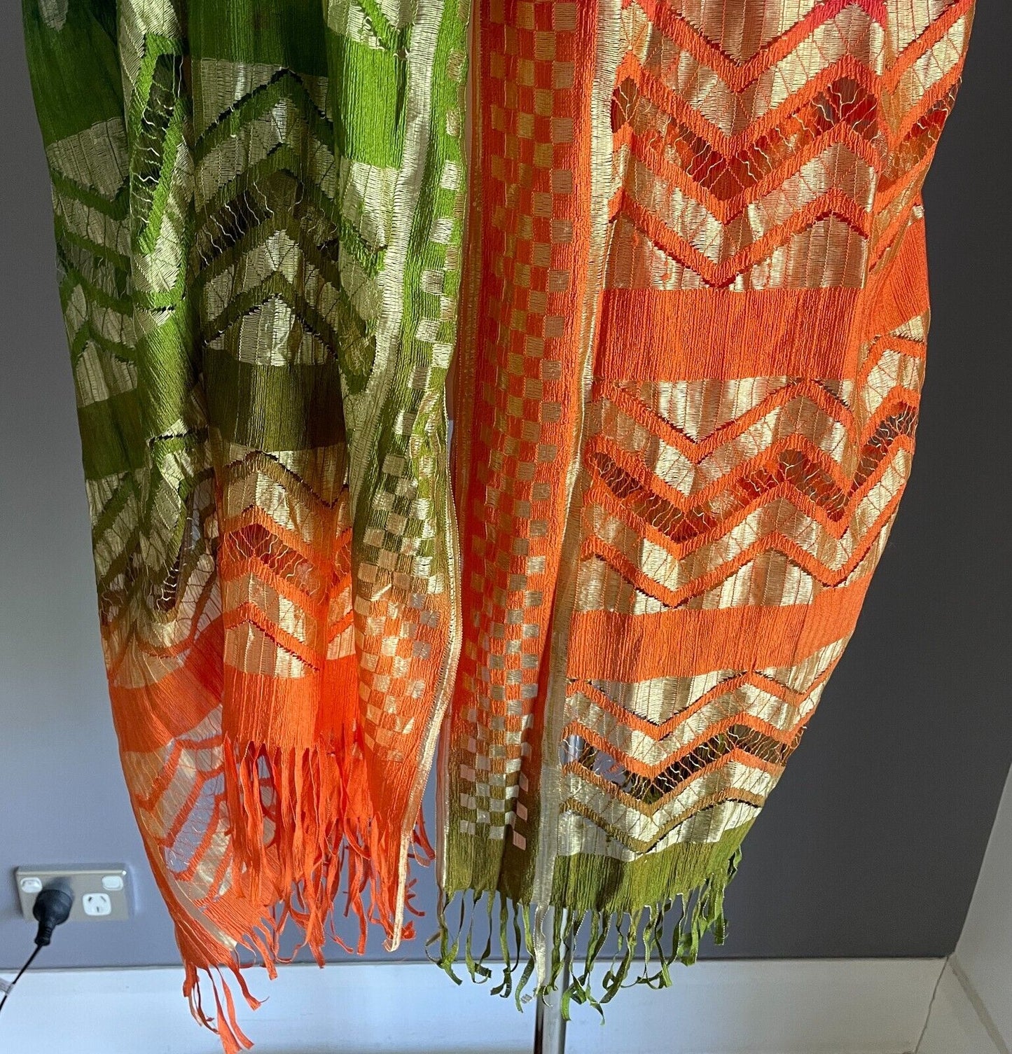 Neck SCARF Fringed Orange Cerise Khaki Gold Zig Zag Polka Dot Rectangle Stunning