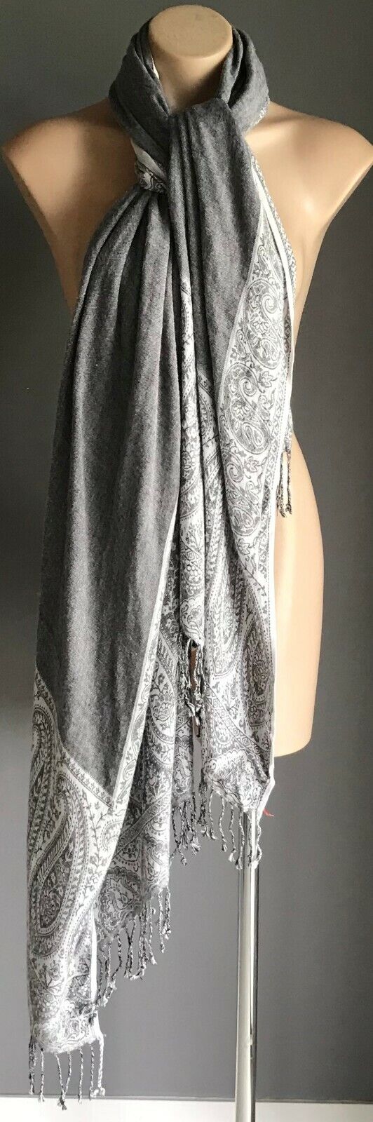 Neck SCARF Grey Black & White Paisley Print Fringed Trim Ladies