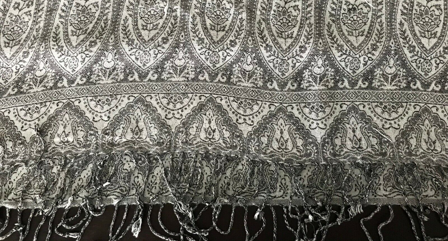 Neck SCARF Grey Black & White Paisley Print Fringed Trim Ladies