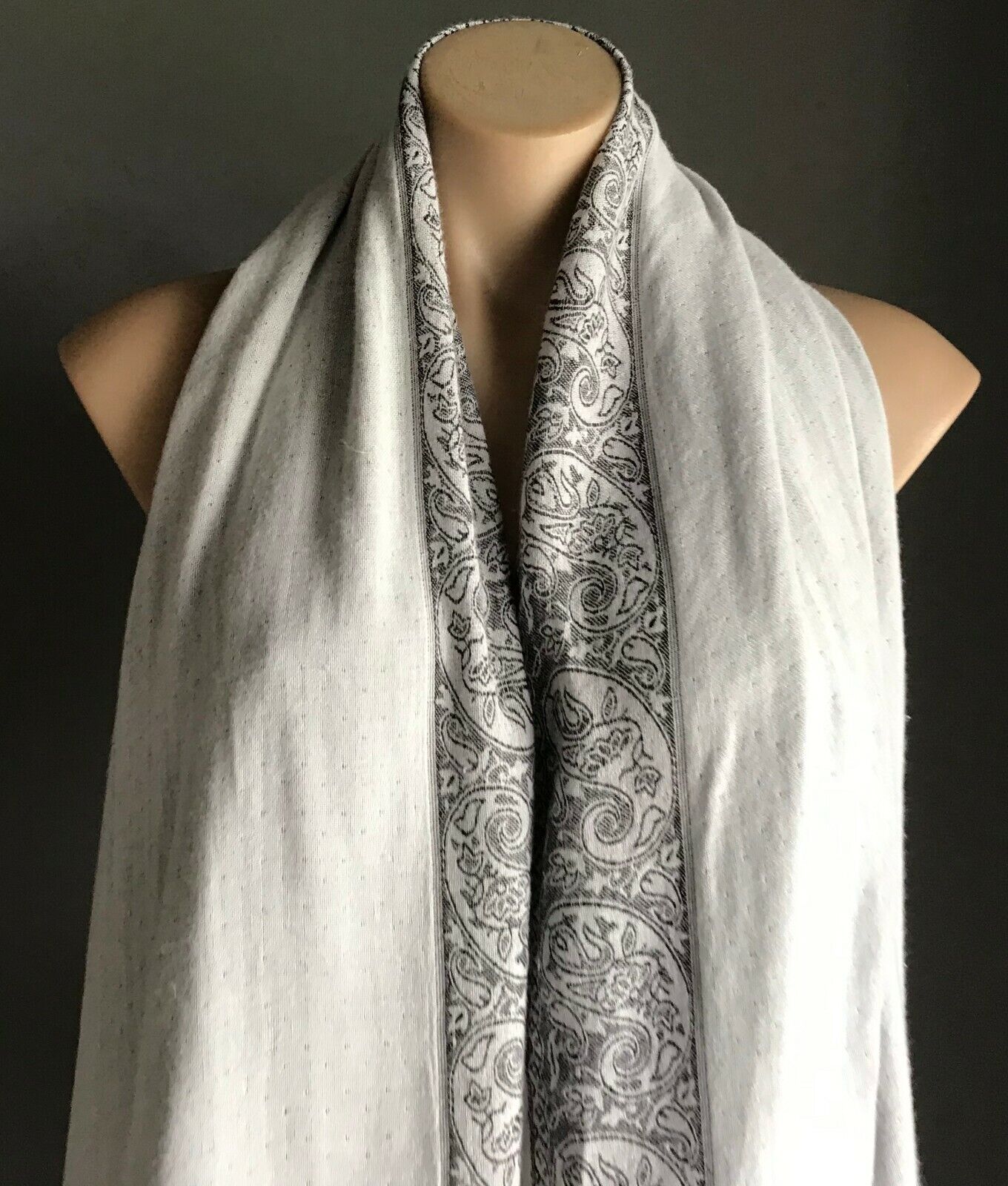 Neck SCARF Grey Black & White Paisley Print Fringed Trim Ladies