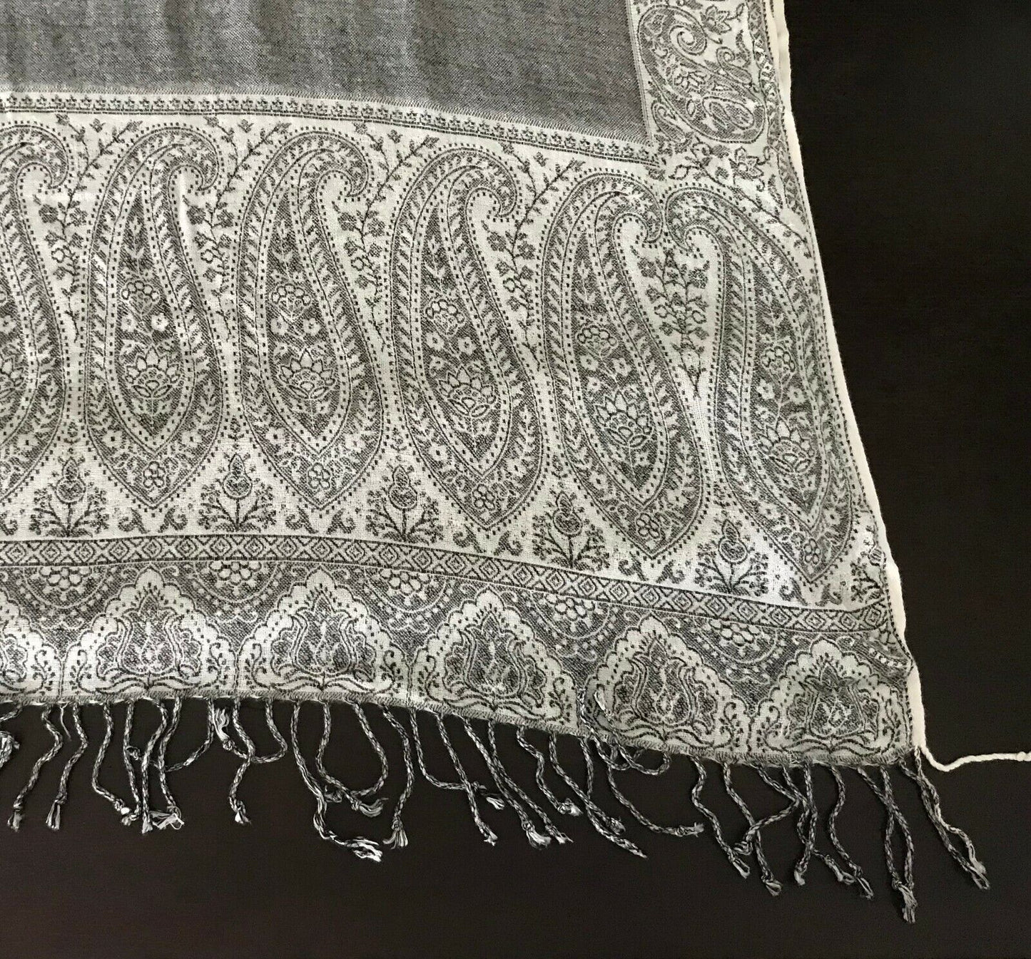 Neck SCARF Grey Black & White Paisley Print Fringed Trim Ladies