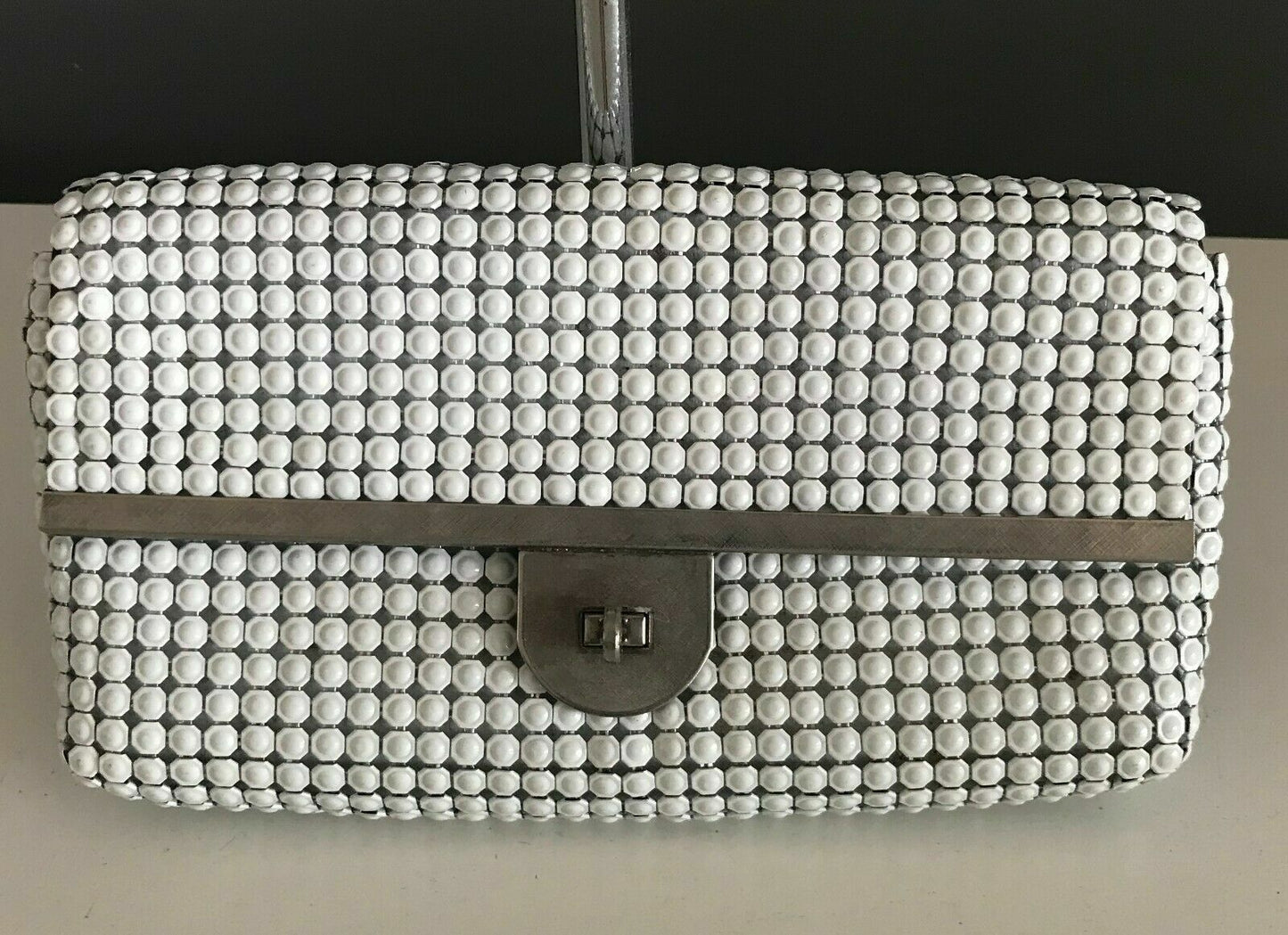 Vintage SHOULDER BAG White "Aluminium" Mesh Link Chainmail Clutch Turn Lock Hand