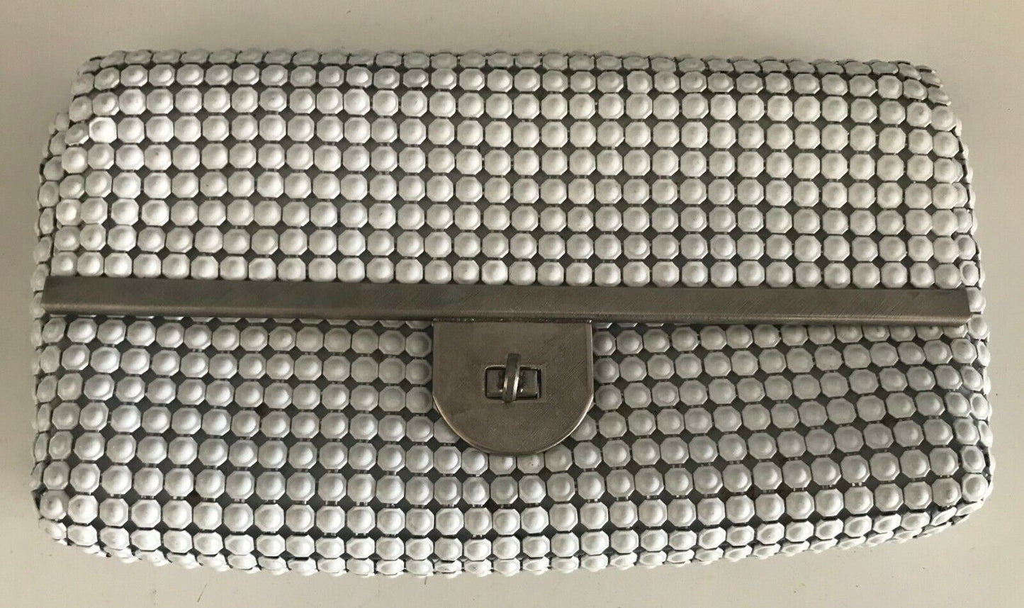 Vintage SHOULDER BAG White "Aluminium" Mesh Link Chainmail Clutch Turn Lock Hand