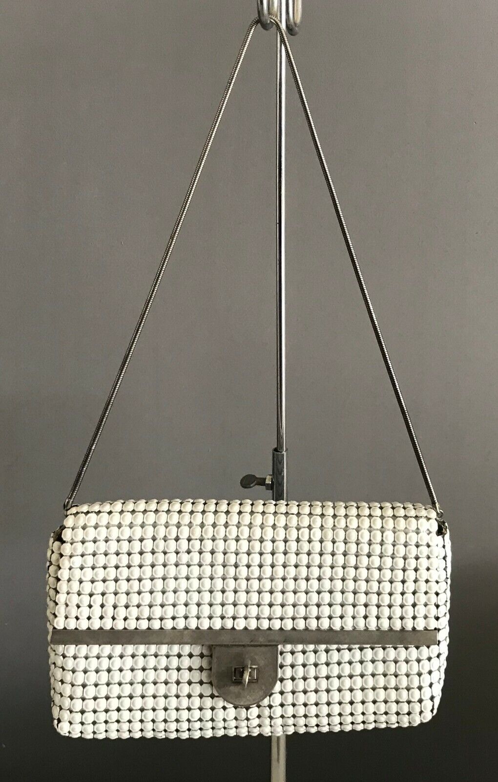 Vintage SHOULDER BAG White "Aluminium" Mesh Link Chainmail Clutch Turn Lock Hand