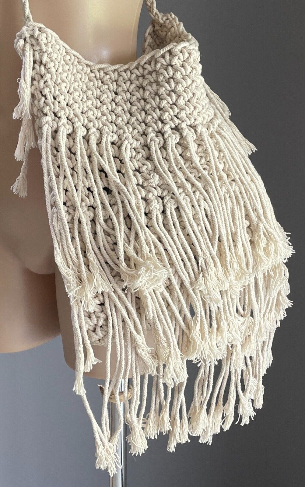 Macrame Shoulder Bag Boho Hippy Chic Off White Crochet w Hanging Tassel Trim