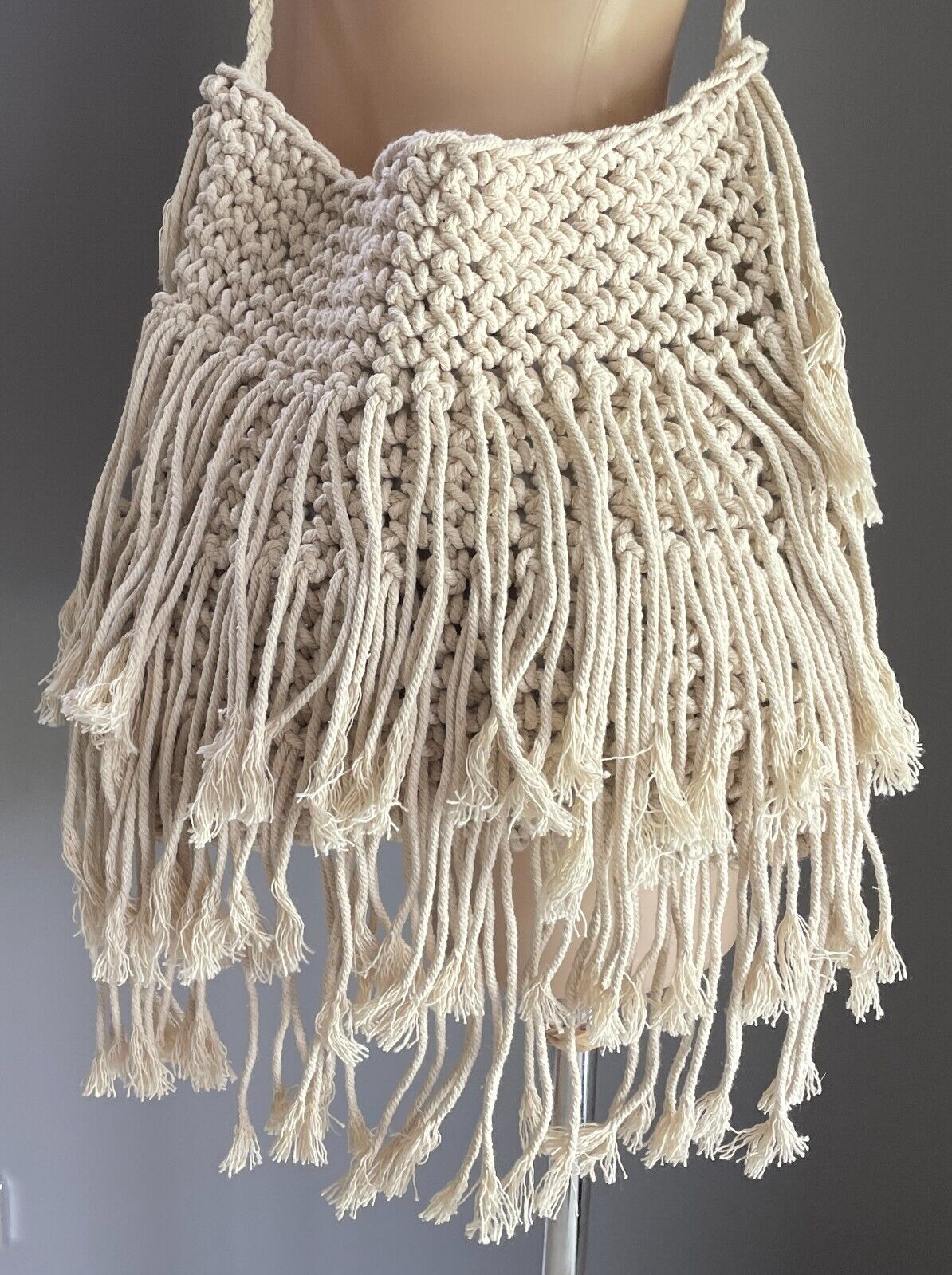 Macrame Shoulder Bag Boho Hippy Chic Off White Crochet w Hanging Tassel Trim