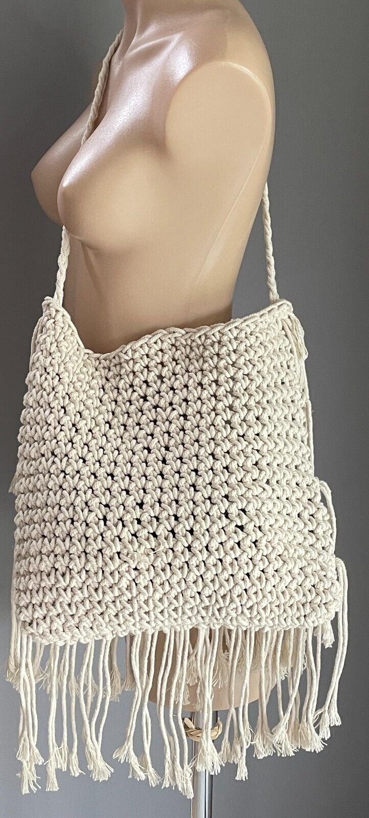 Macrame Shoulder Bag Boho Hippy Chic Off White Crochet w Hanging Tassel Trim